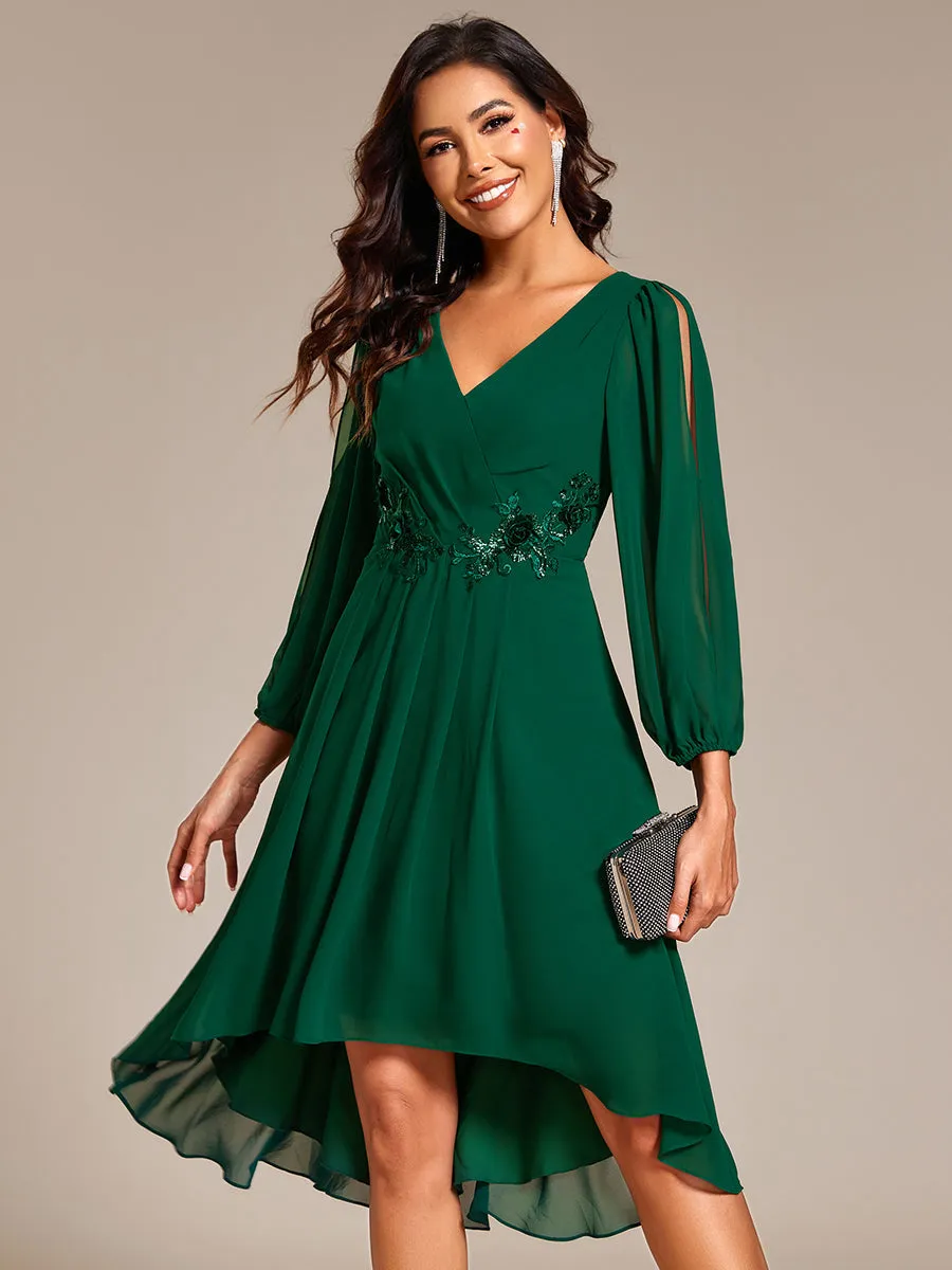 Long Sleeves Waist Applique A-Line Midi Chiffon Wedding Guest Dress