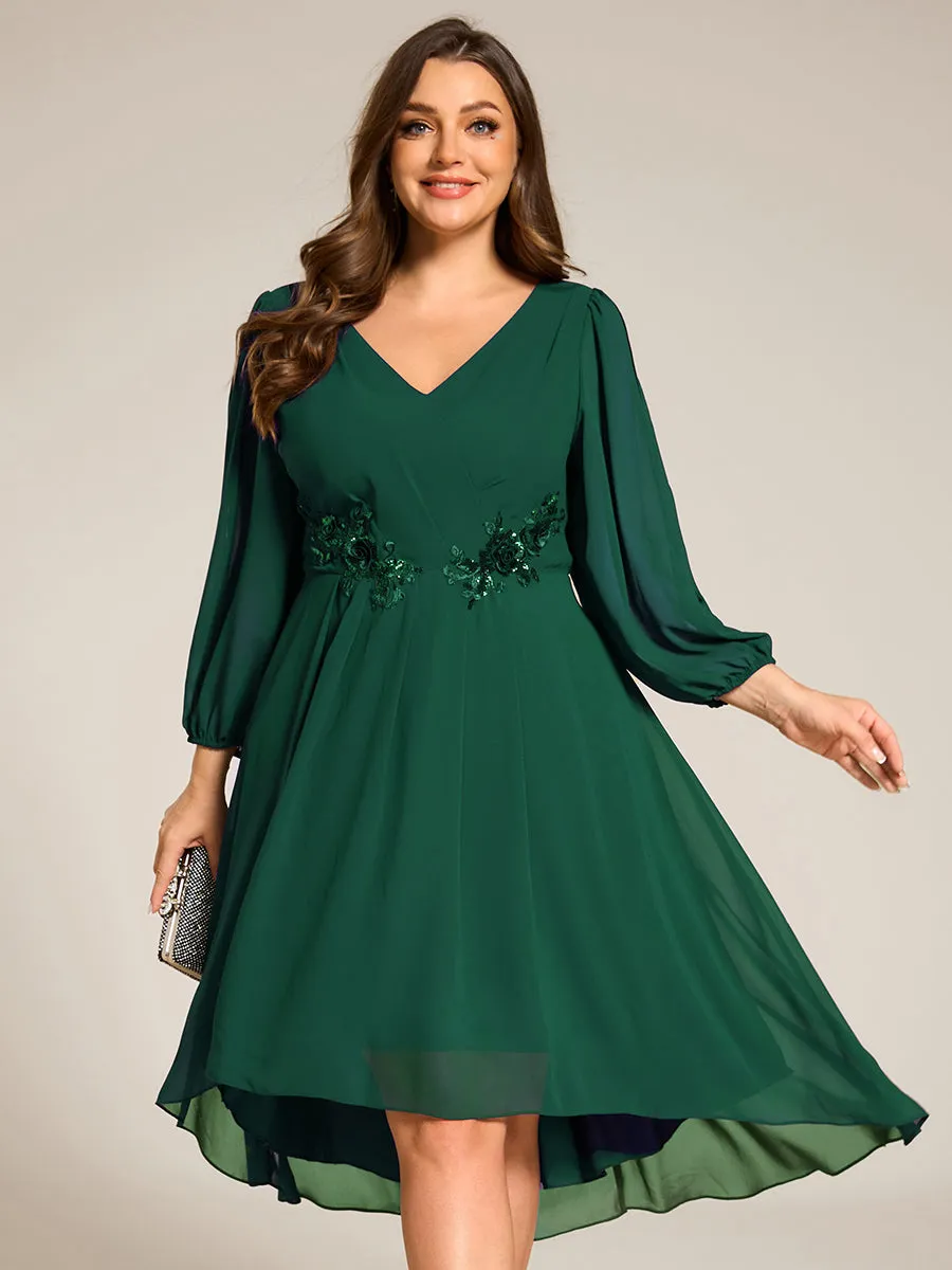 Long Sleeves Waist Applique A-Line Midi Chiffon Wedding Guest Dress