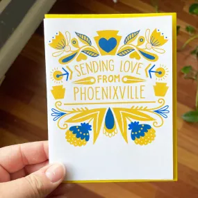 Love from Phoenixville greeting card, folk art Phoenixville greeting card, made in Pennsylvania art