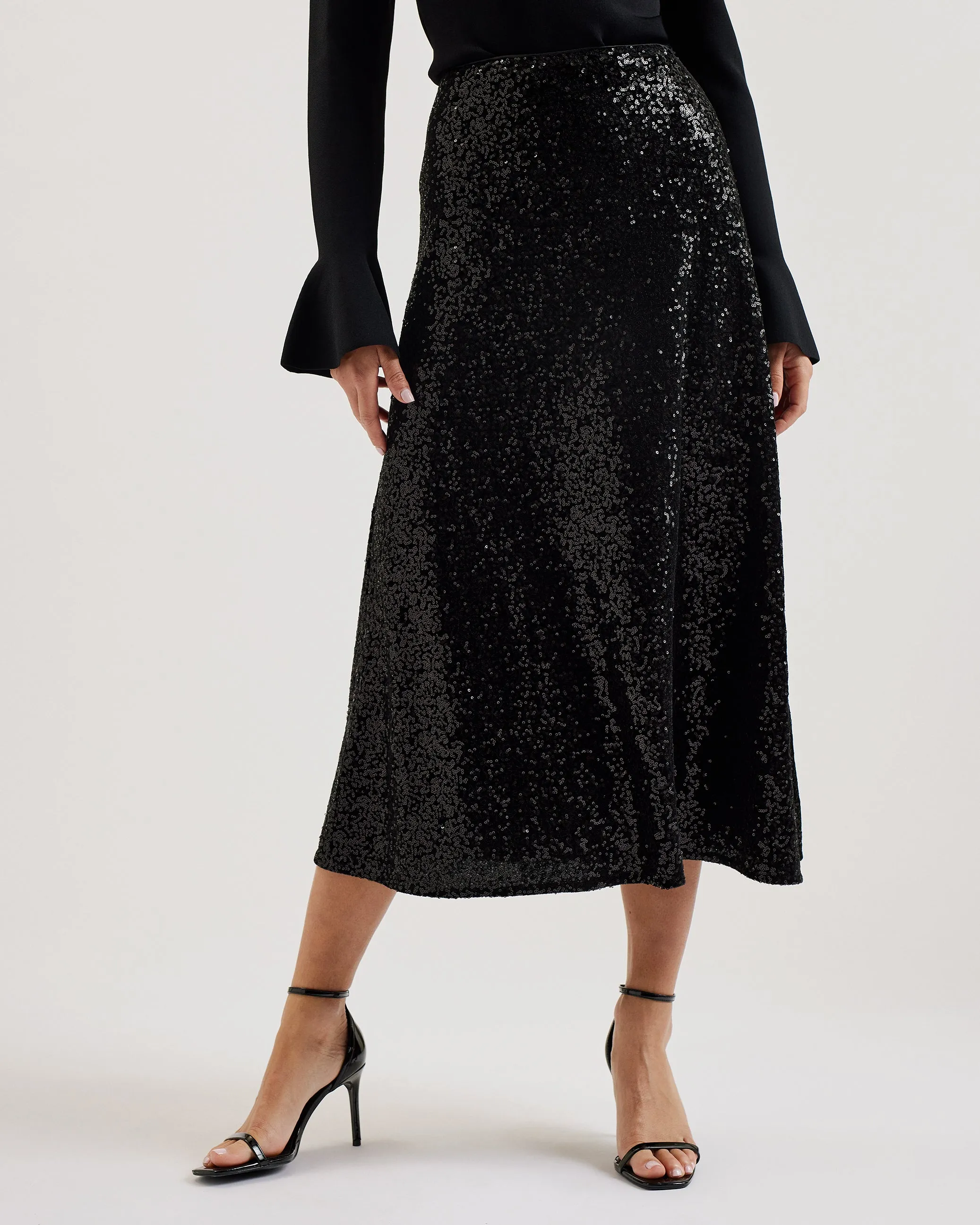 Lusa Sequin Bias Cut Midi Skirt Black