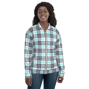 M Kemp White and Cyan Plaid Unisex Bomber Jacket