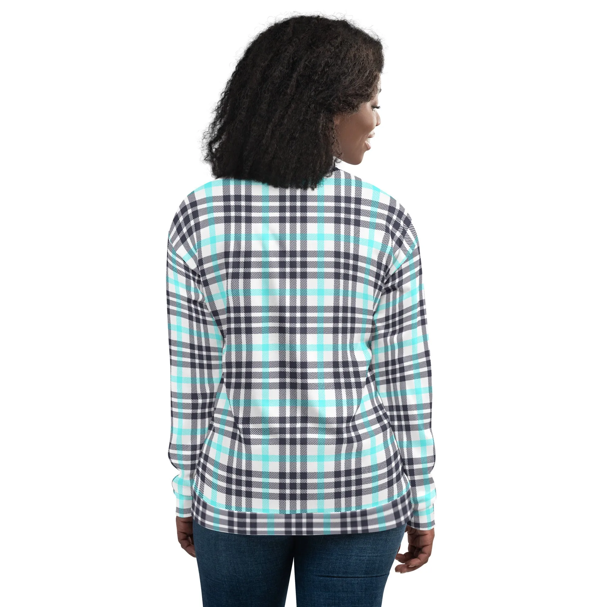 M Kemp White and Cyan Plaid Unisex Bomber Jacket