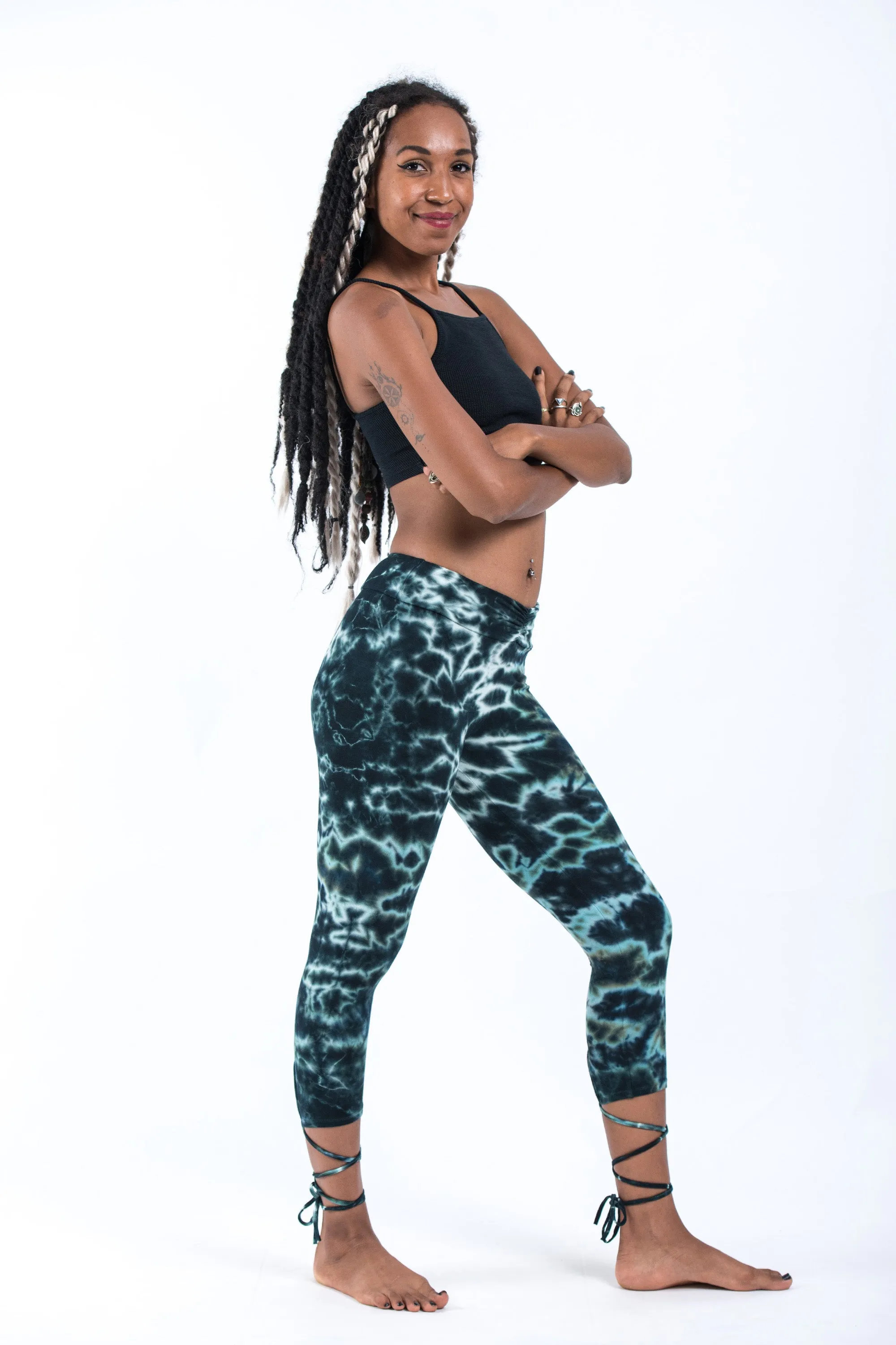 Marble Tie Dye Cotton Capri Leggings in Dark Teal