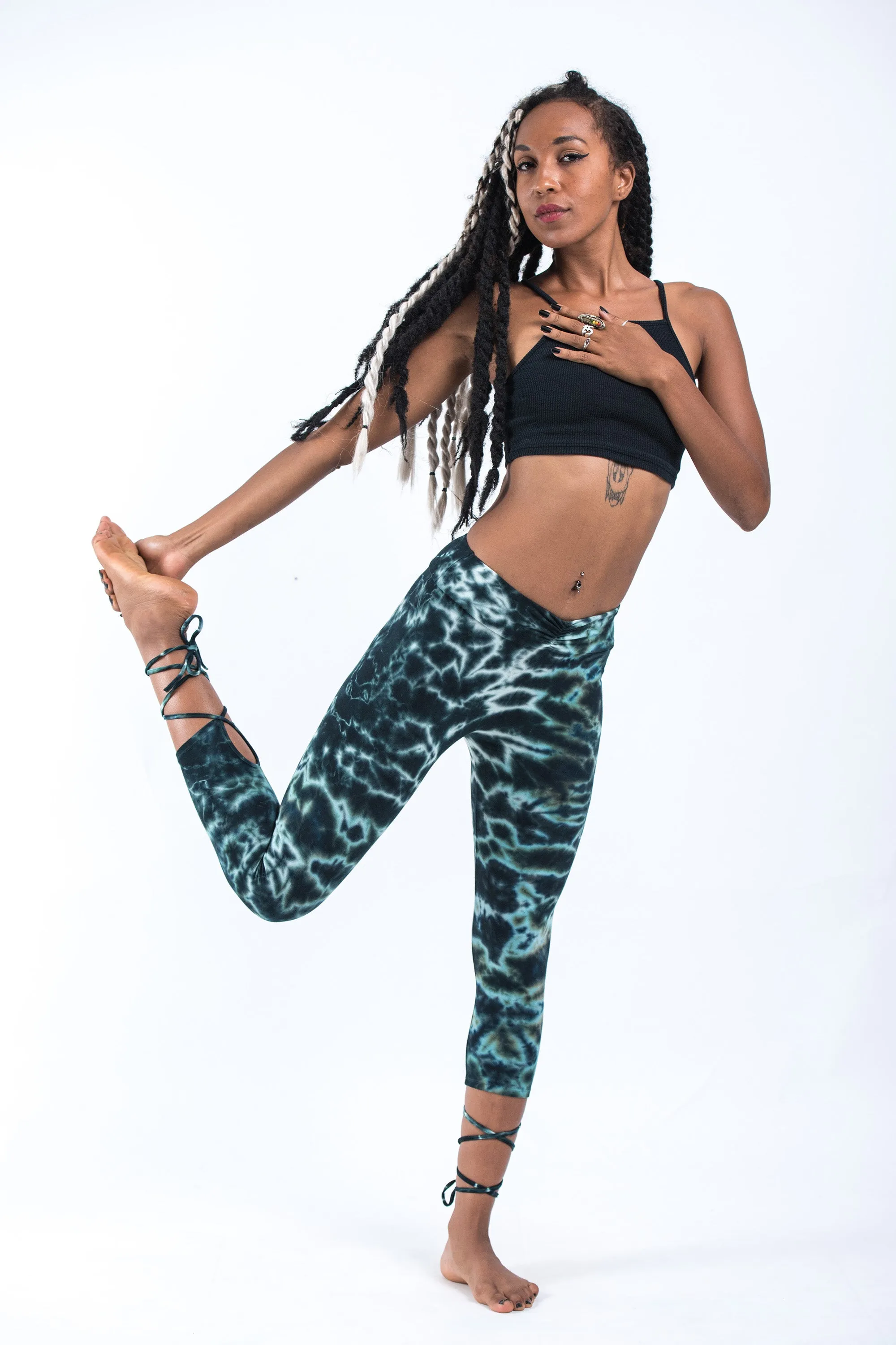 Marble Tie Dye Cotton Capri Leggings in Dark Teal