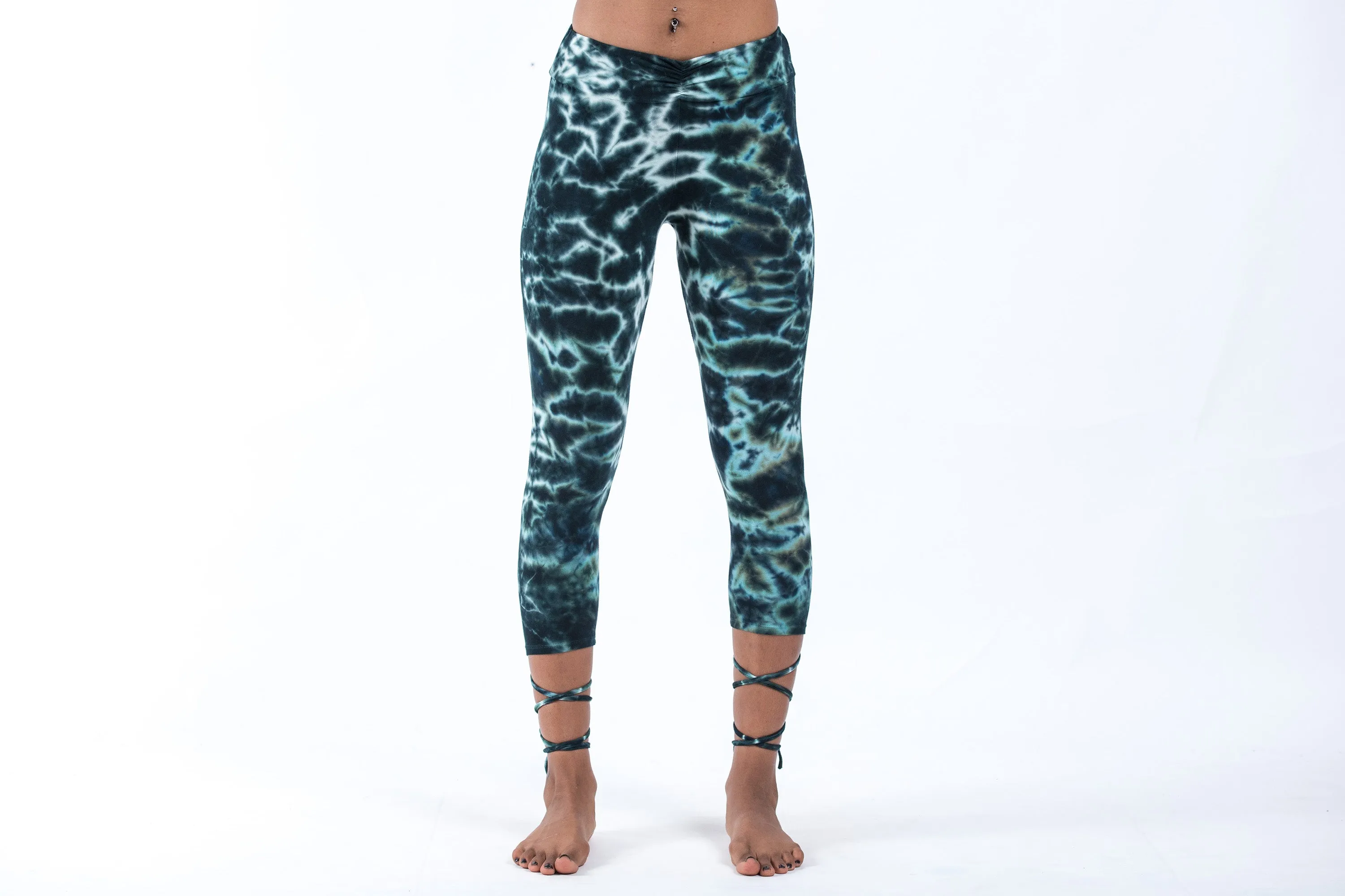 Marble Tie Dye Cotton Capri Leggings in Dark Teal