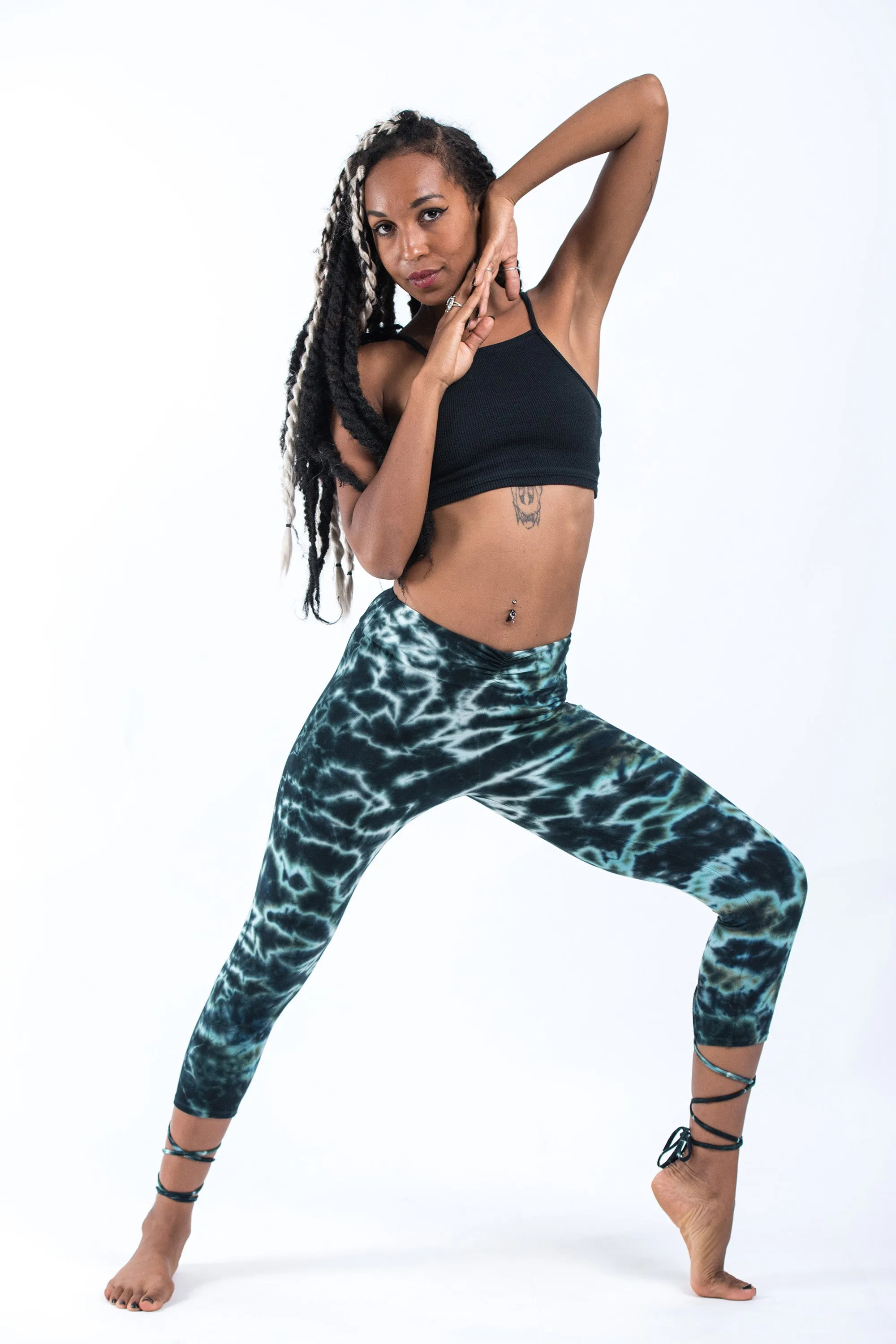 Marble Tie Dye Cotton Capri Leggings in Dark Teal