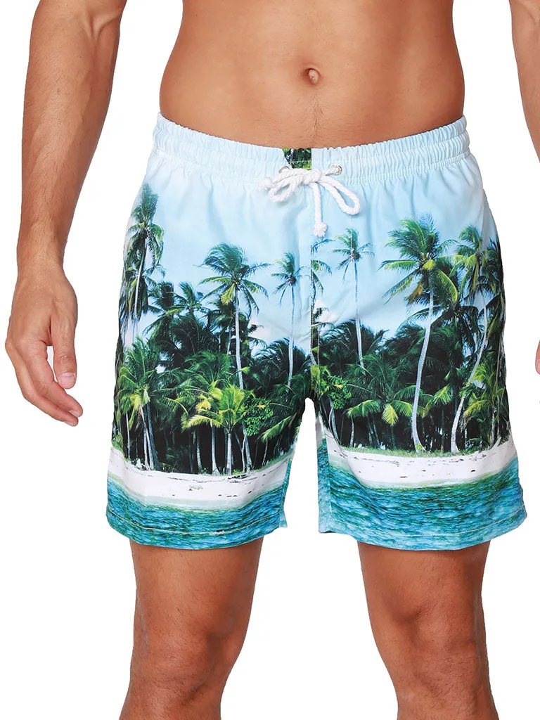 Men's Swim Trunks feature a Beach Scene print