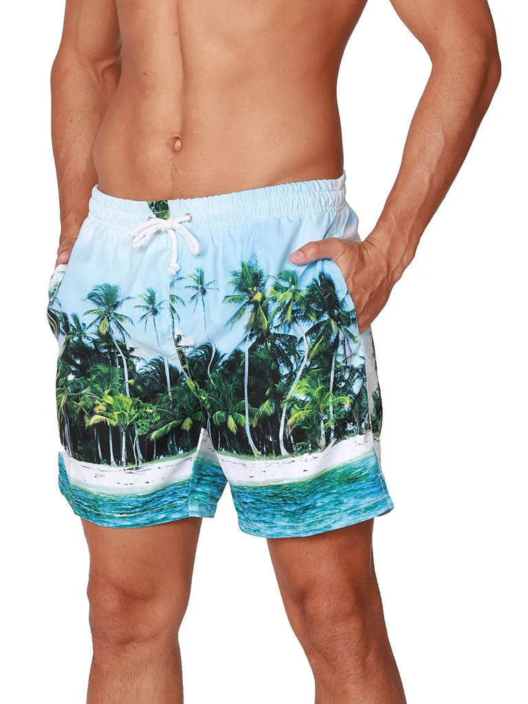 Men's Swim Trunks feature a Beach Scene print