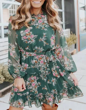 Mock Neck Tie Waist Floral Dress