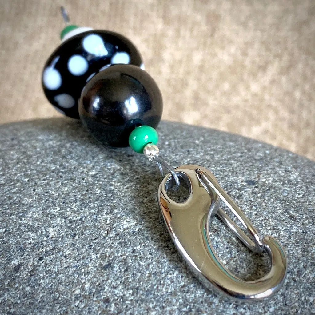 Mushroom Clip-on Necklace, Shungite, Black and White, Lampwork Glass