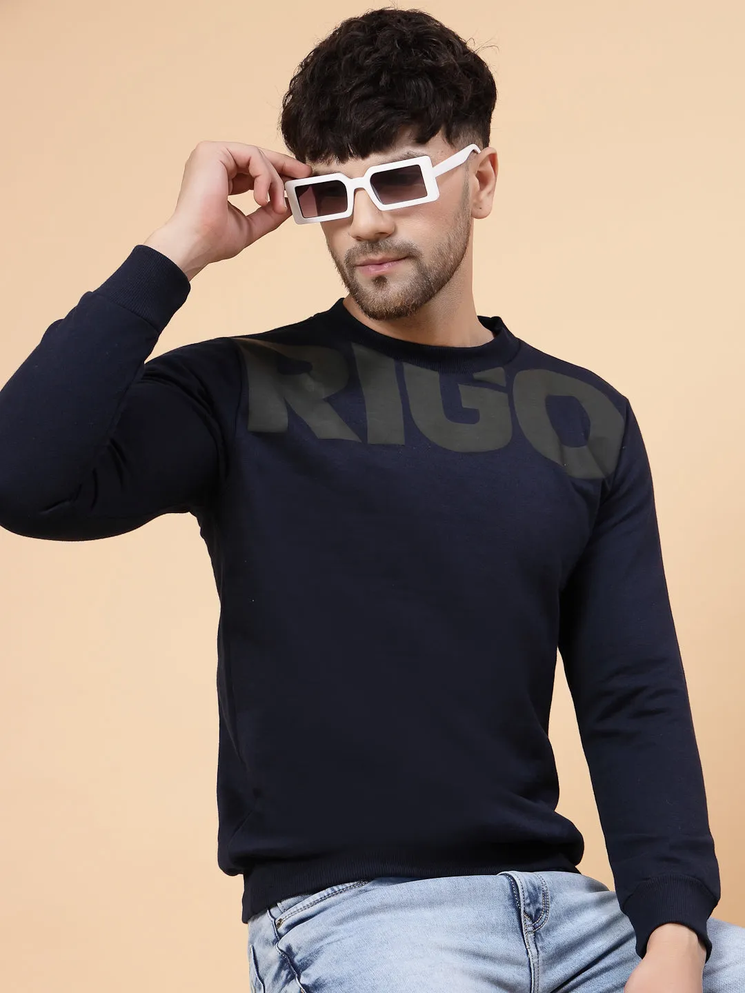 Navy Printed Round Neck Fleece Sweatshirt