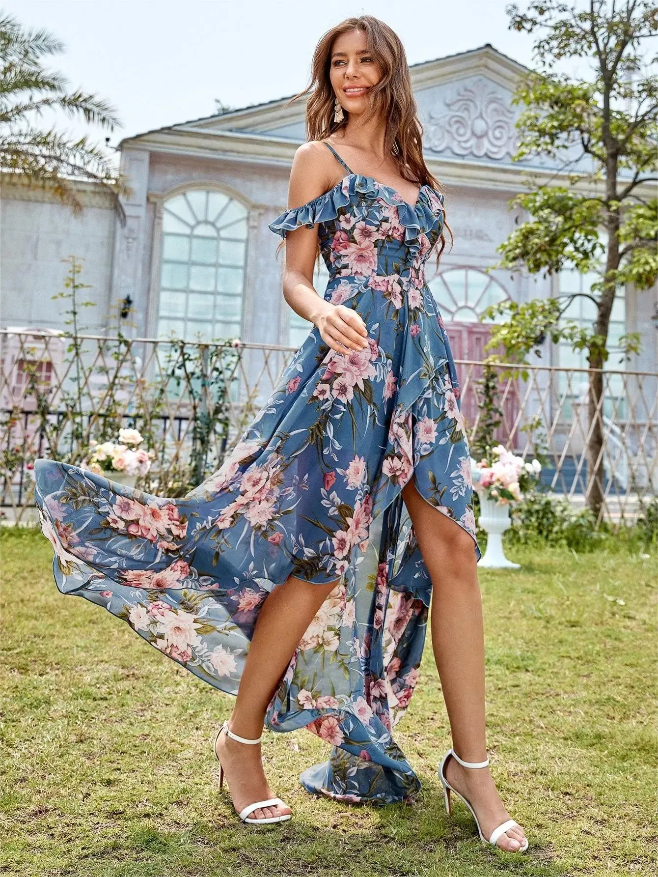 Off The Shoulder High Low Elegant Floral Chiffon Dress