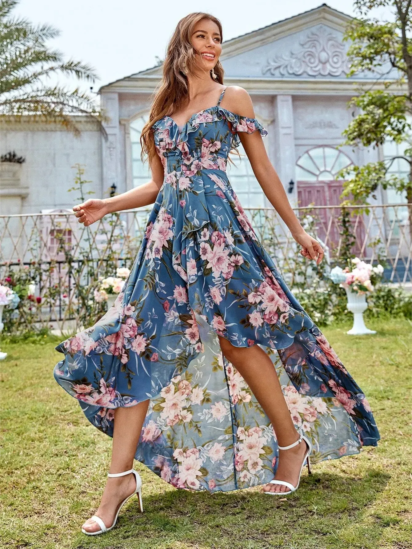 Off The Shoulder High Low Elegant Floral Chiffon Dress