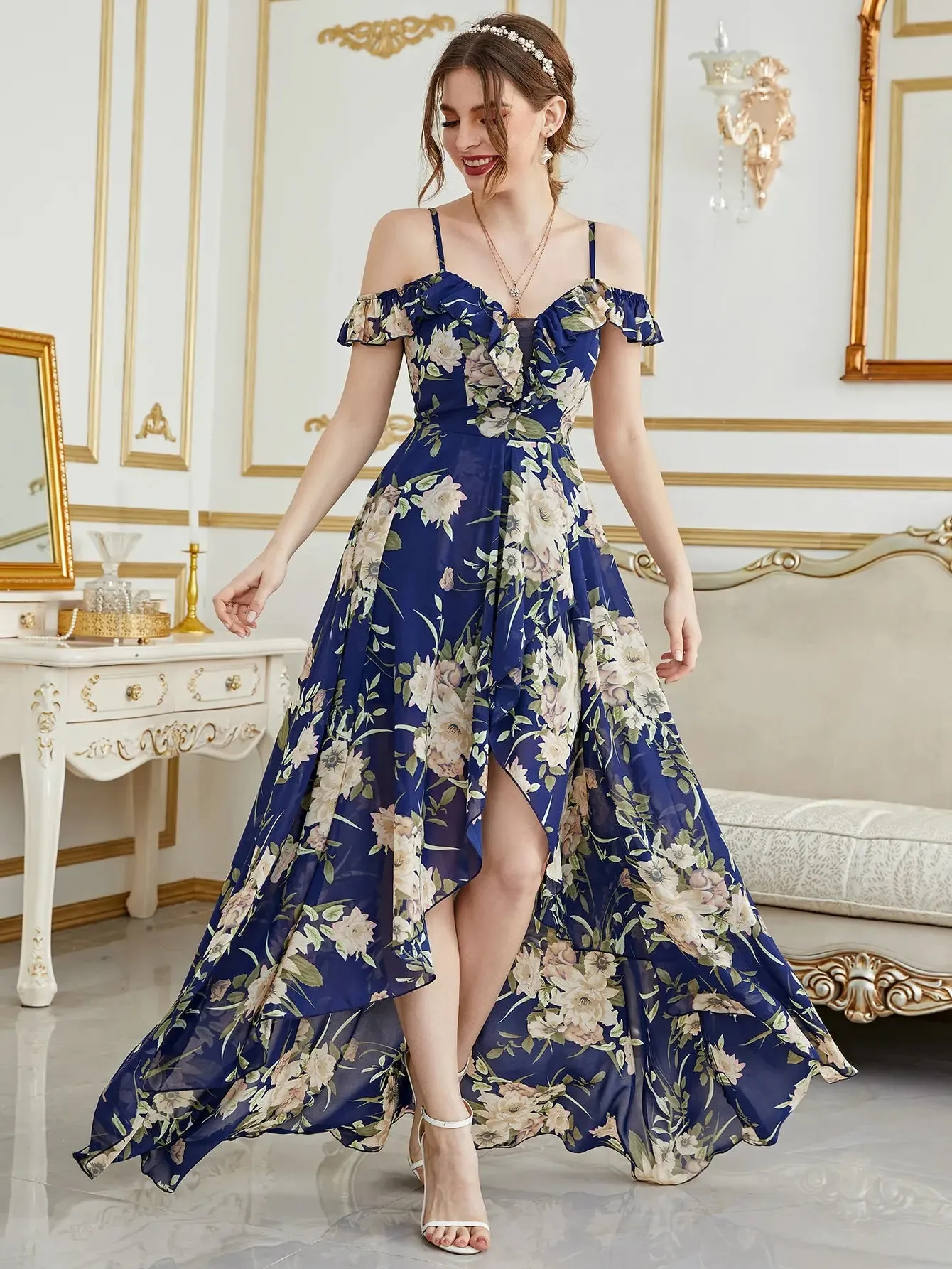 Off The Shoulder High Low Elegant Floral Chiffon Dress