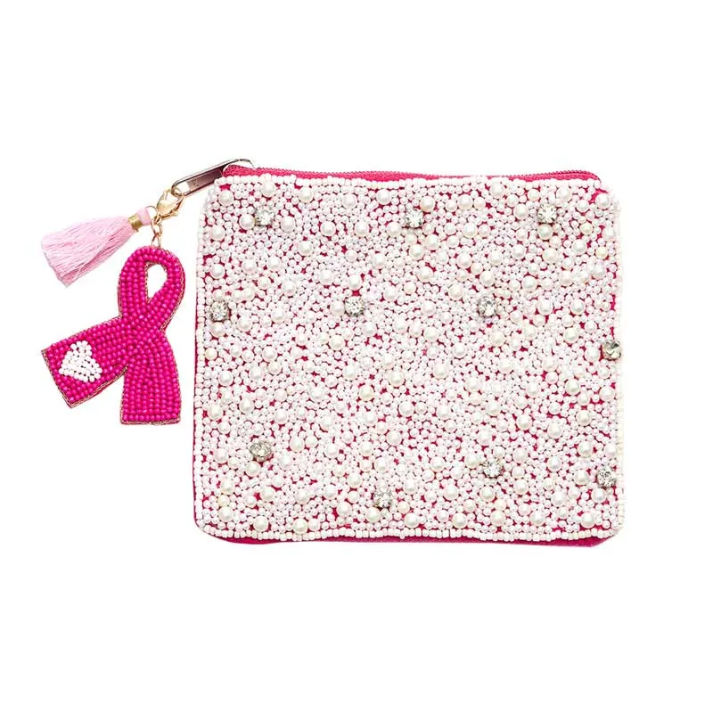 Pink Ribbon Tassel Pointed Pearl Round Stone Mini Pouch Bag