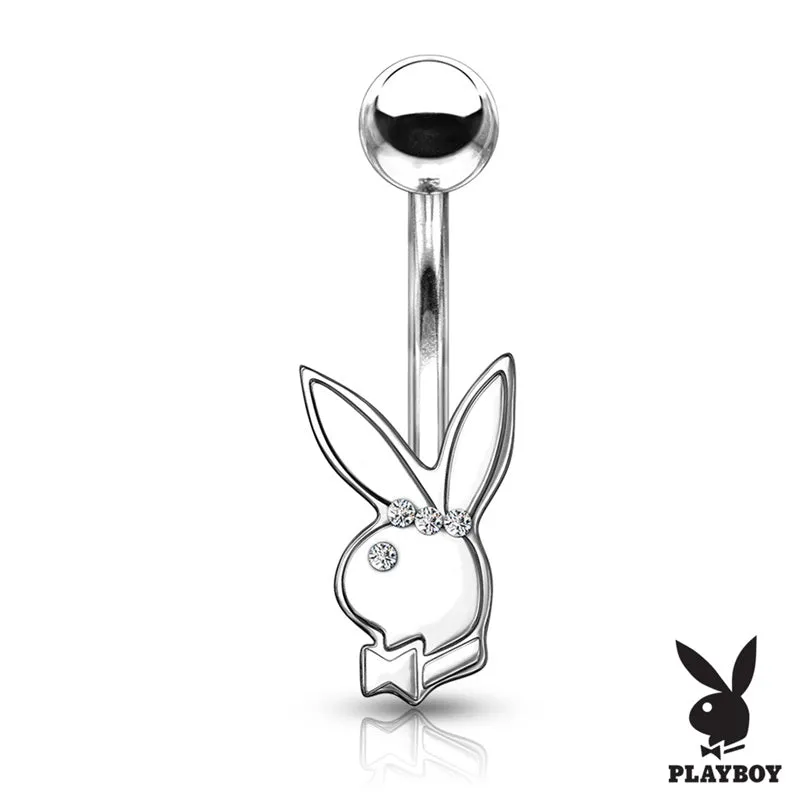 Playboy Bunny with Clear Gem Eye Belly Button Navel Ring - Silver