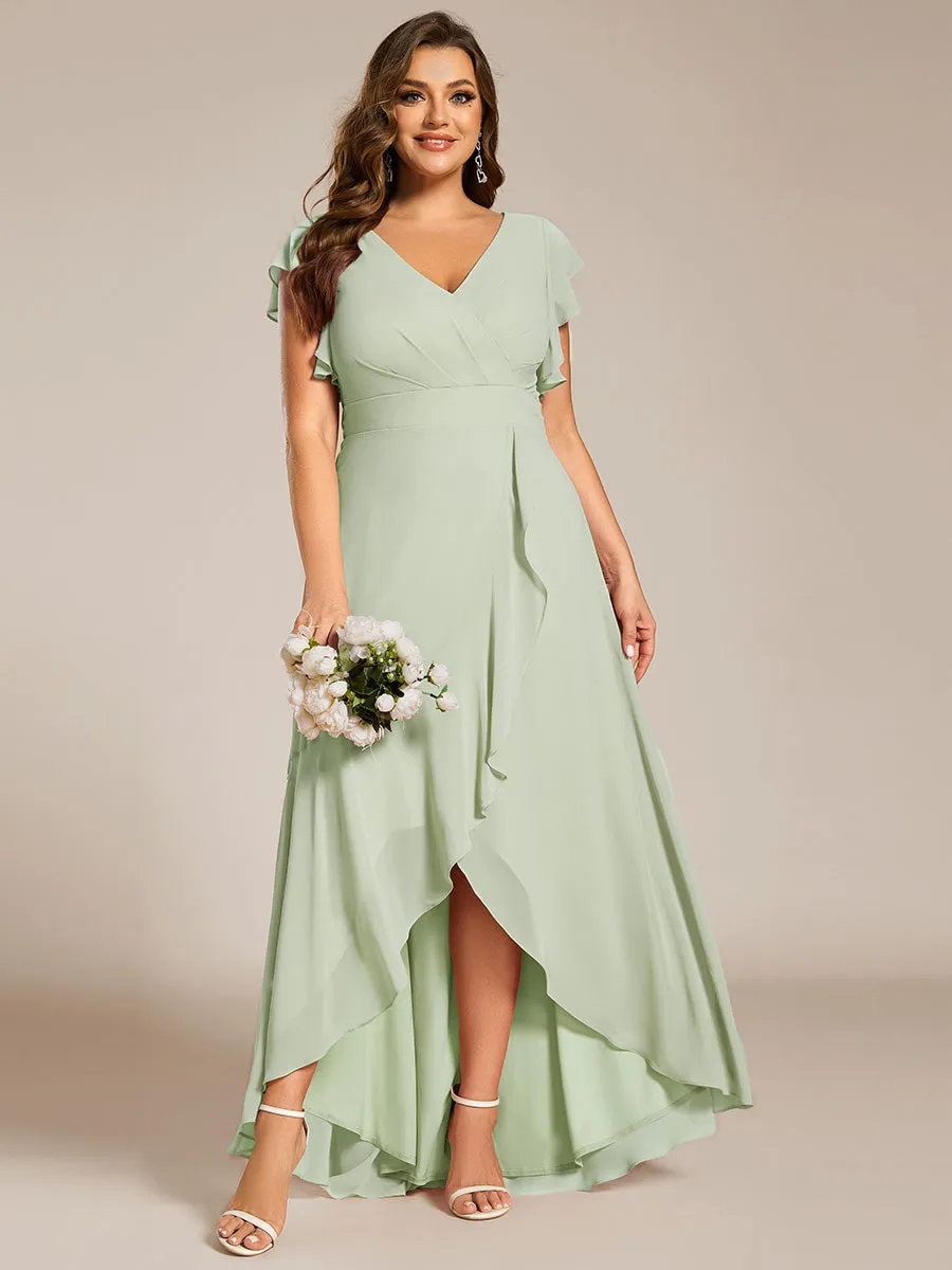 Plus Size A-Line Chiffon High-Low Bridesmaid Dress with Ruffled Sleeve