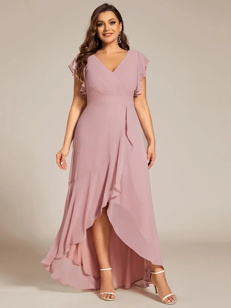 Plus Size A-Line Chiffon High-Low Bridesmaid Dress with Ruffled Sleeve