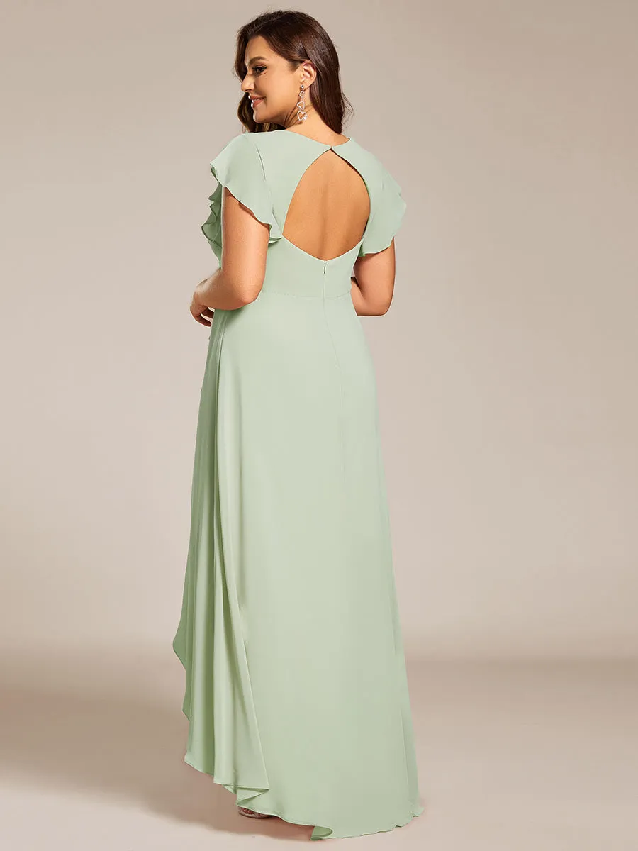 Plus Size A-Line Chiffon High-Low Bridesmaid Dress with Ruffled Sleeve