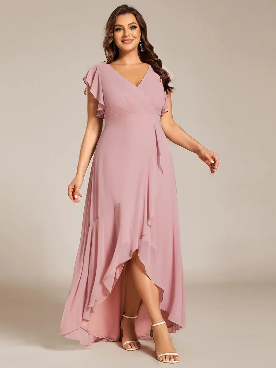 Plus Size A-Line Chiffon High-Low Bridesmaid Dress with Ruffled Sleeve