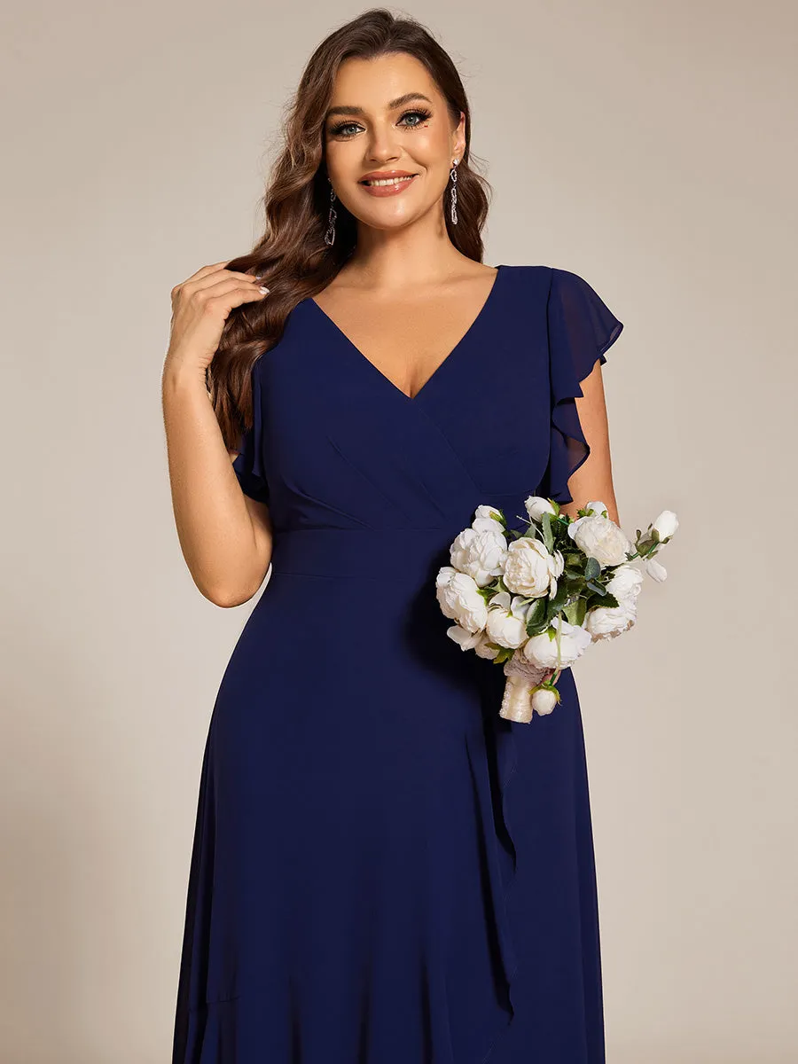 Plus Size A-Line Chiffon High-Low Bridesmaid Dress with Ruffled Sleeve