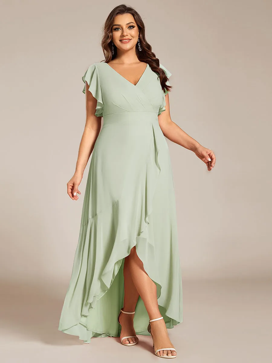 Plus Size A-Line Chiffon High-Low Bridesmaid Dress with Ruffled Sleeve