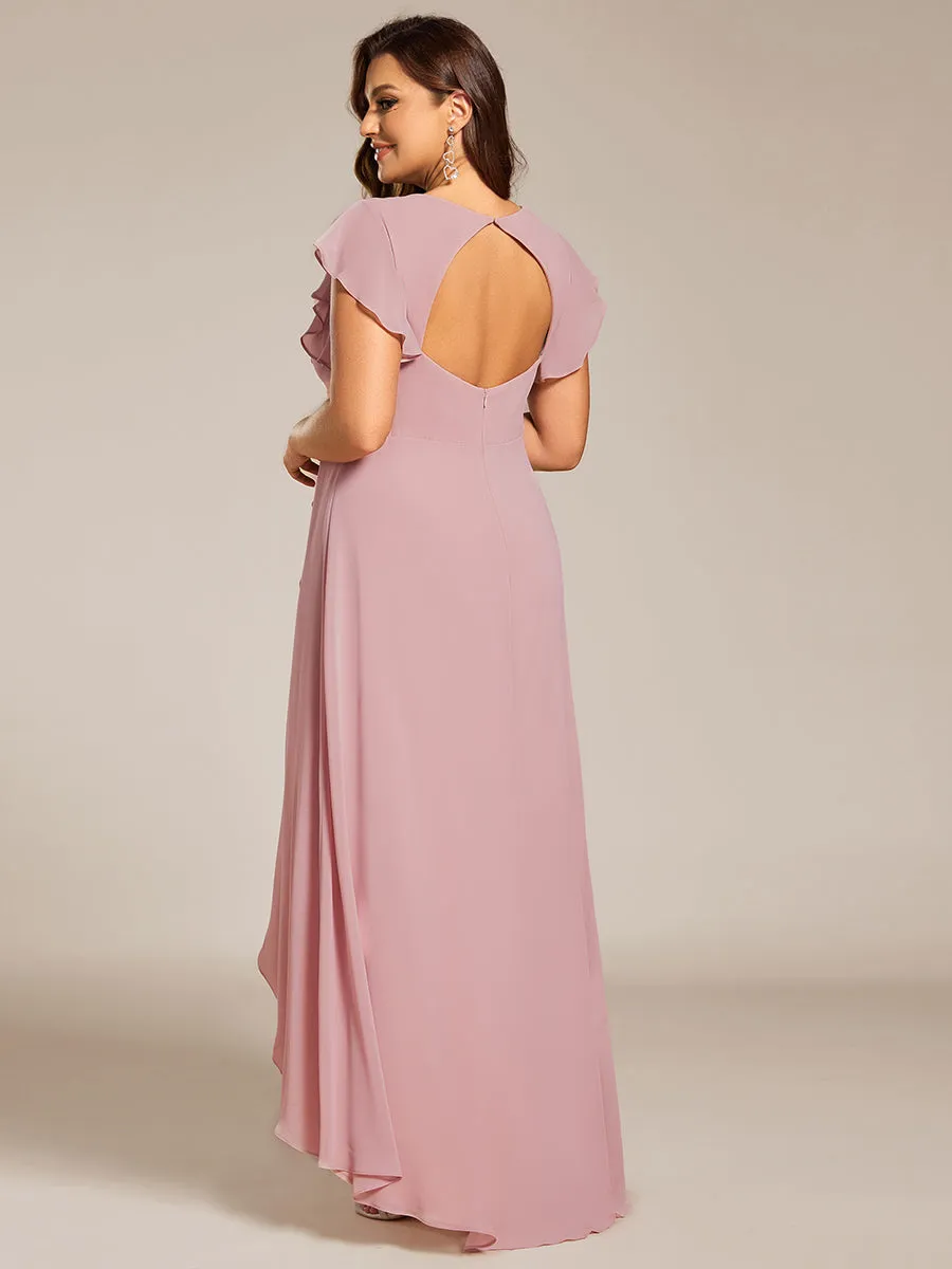 Plus Size A-Line Chiffon High-Low Bridesmaid Dress with Ruffled Sleeve