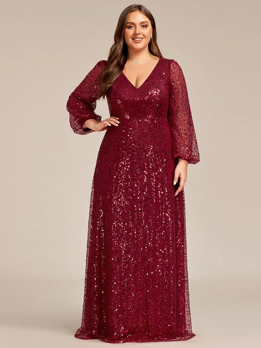 Plus Size V-Neck Lantern Long Sleeve Sequin A-Line Evening Dress