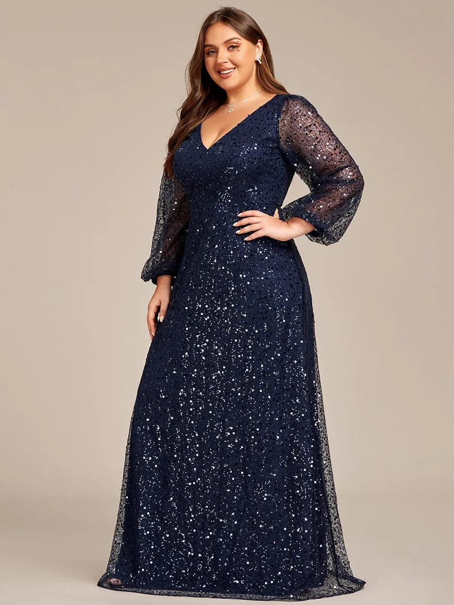 Plus Size V-Neck Lantern Long Sleeve Sequin A-Line Evening Dress