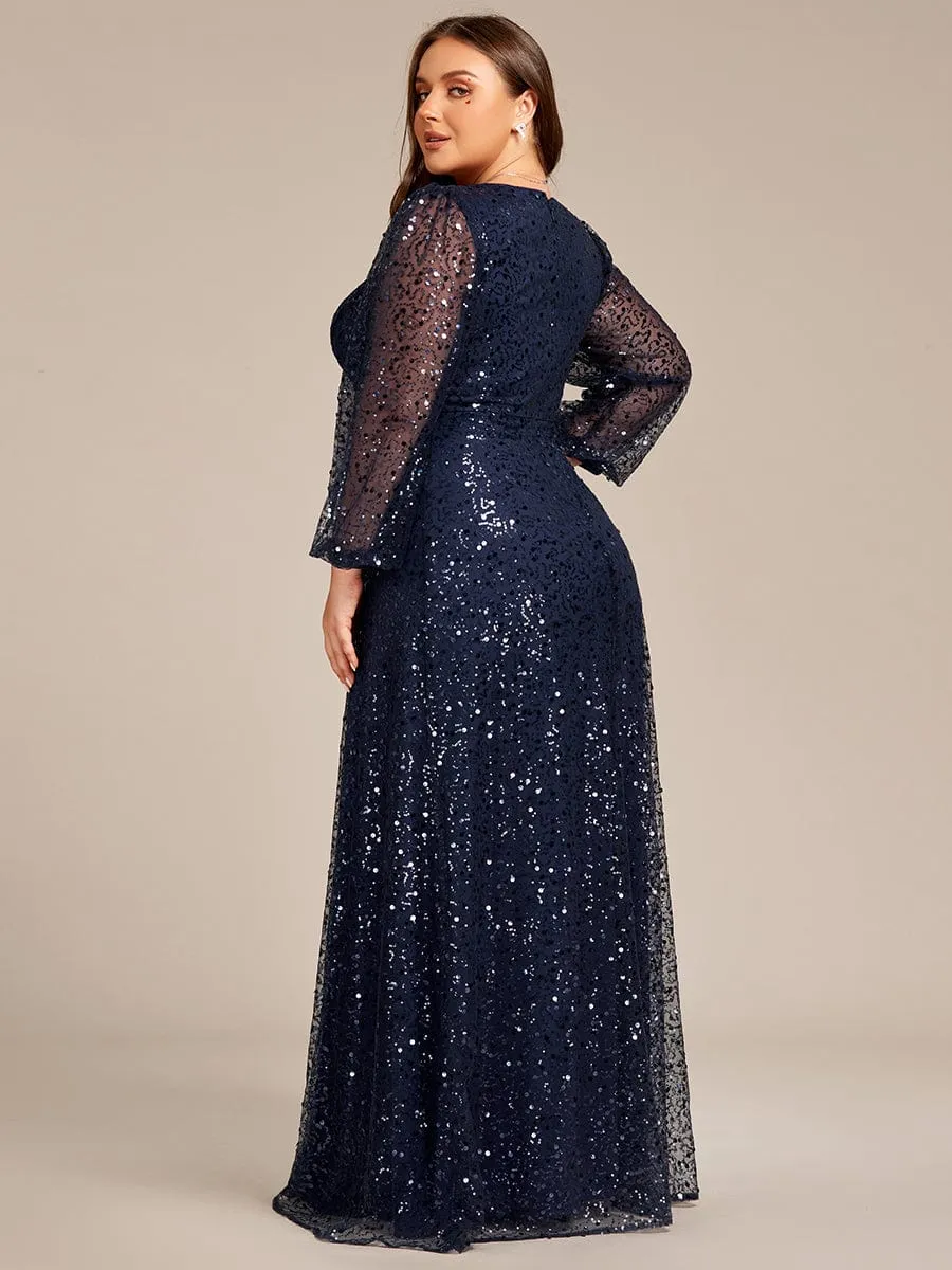 Plus Size V-Neck Lantern Long Sleeve Sequin A-Line Evening Dress