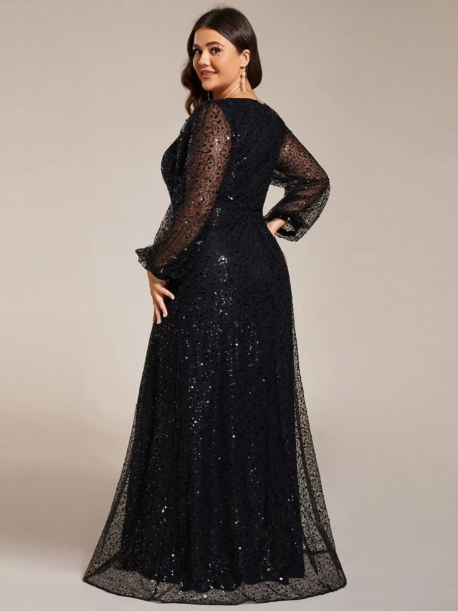 Plus Size V-Neck Lantern Long Sleeve Sequin A-Line Evening Dress