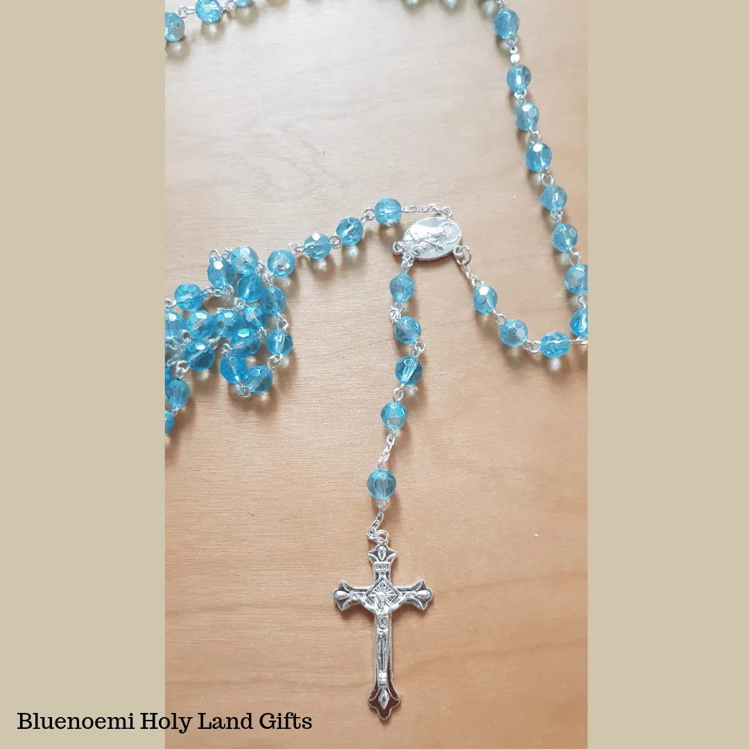 Praying the Rosary from the Holy Land - Jerusalem Cross- Blue Crystals Beads.