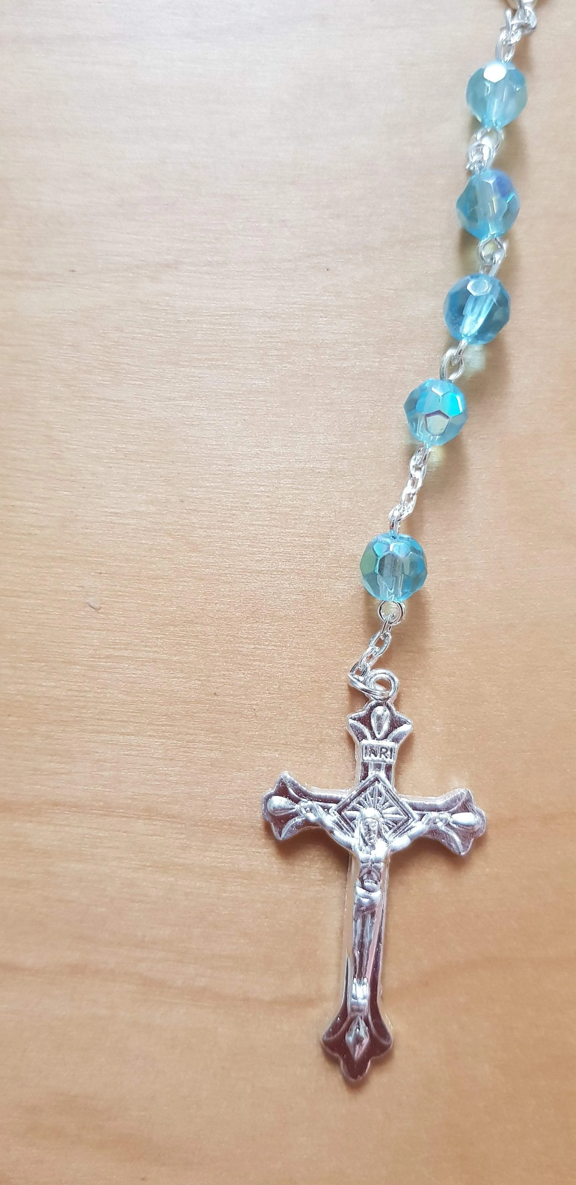 Praying the Rosary from the Holy Land - Jerusalem Cross- Blue Crystals Beads.