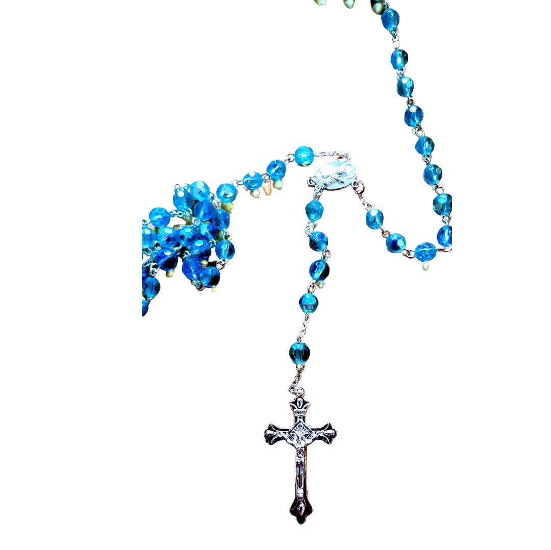 Praying the Rosary from the Holy Land - Jerusalem Cross- Blue Crystals Beads.