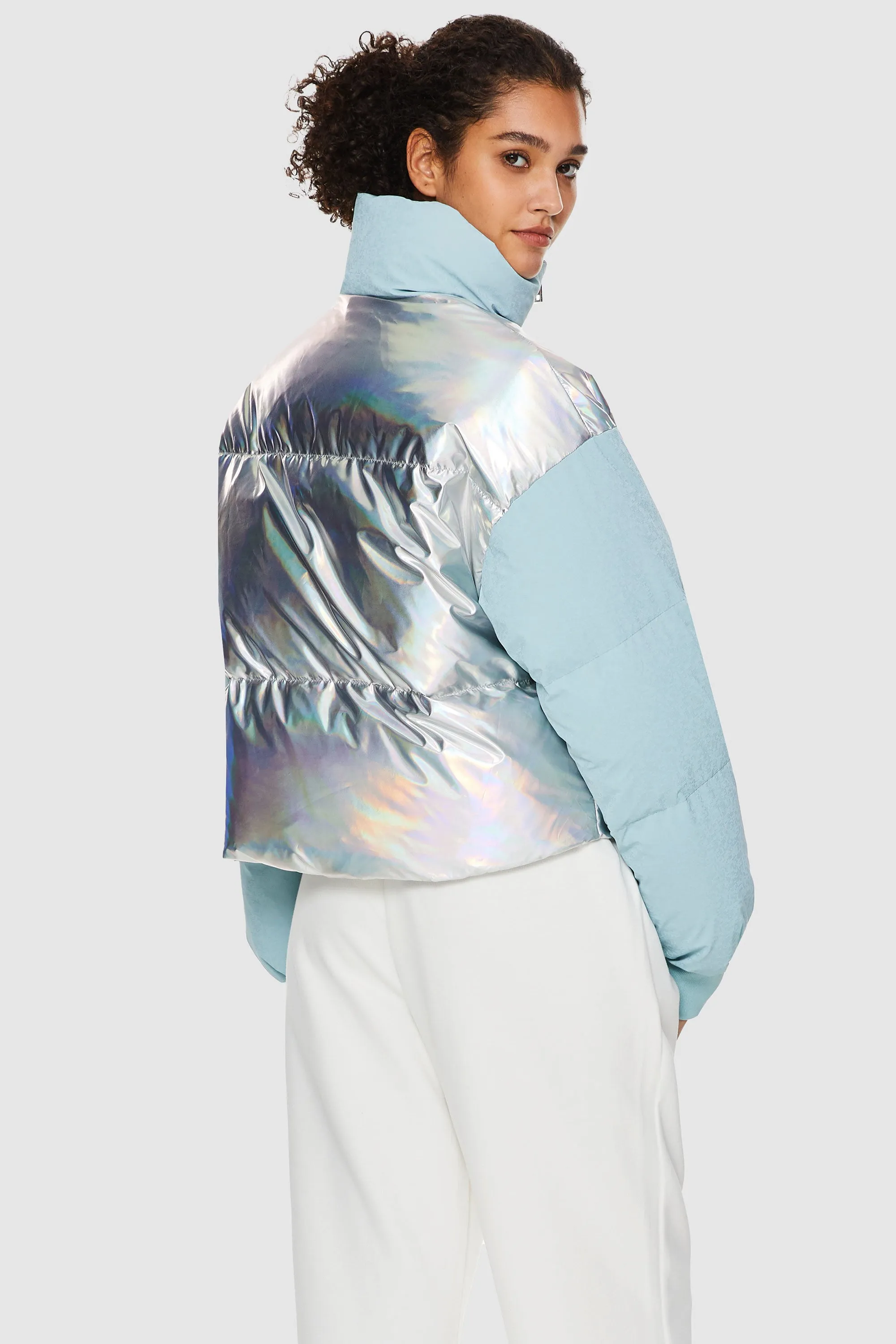 Puff-O Colorlay Lightweight Short Metallic Puffer Jacket