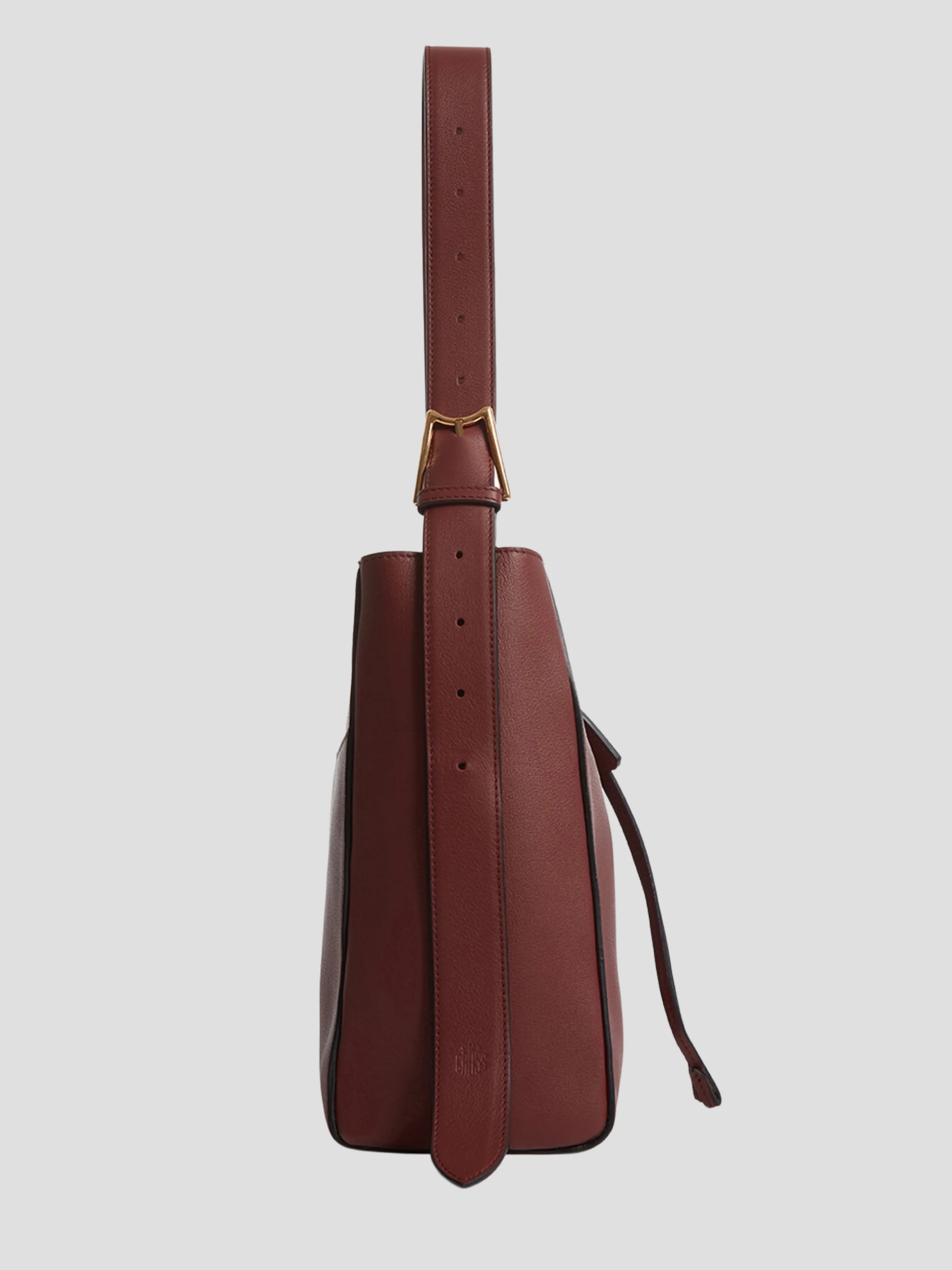 Pyramid Red Smooth Calf Bucket Bag with Adjustable Strap