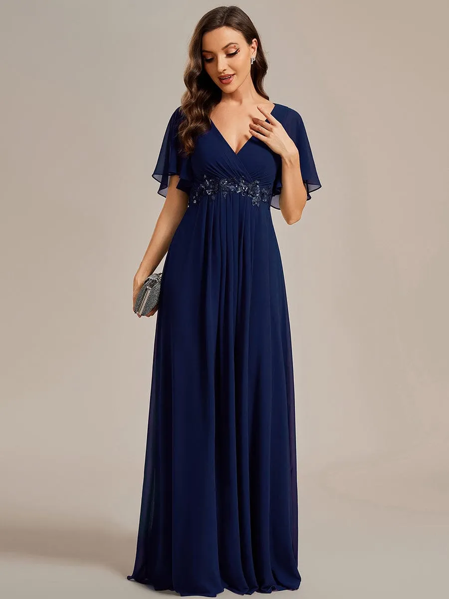 Ruffles Sleeve A-Line Chiffon Waist Applique Maxi Formal Evening Dress