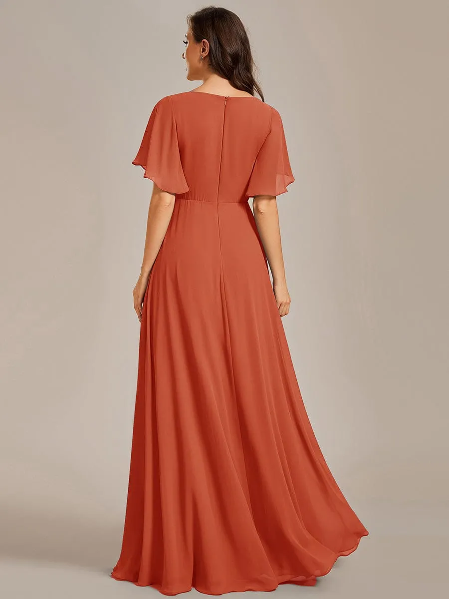 Ruffles Sleeve A-Line Chiffon Waist Applique Maxi Formal Evening Dress