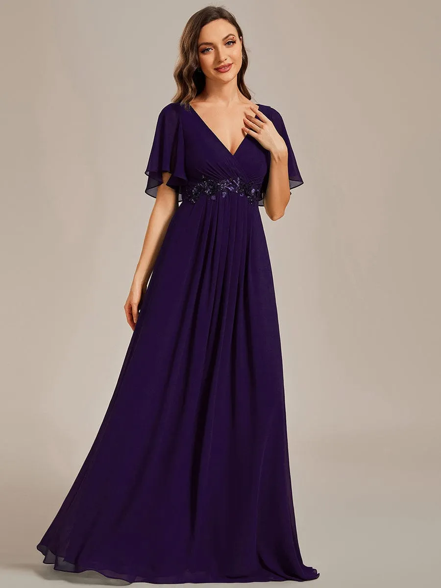 Ruffles Sleeve A-Line Chiffon Waist Applique Maxi Formal Evening Dress