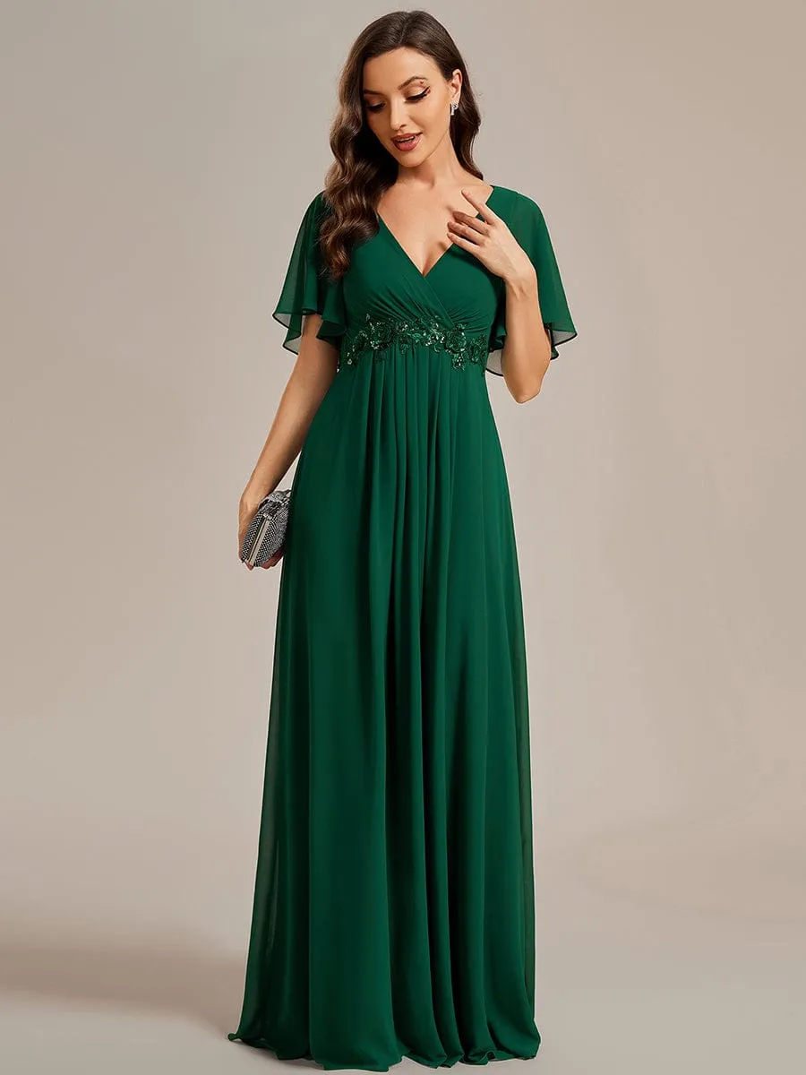 Ruffles Sleeve A-Line Chiffon Waist Applique Maxi Formal Evening Dress