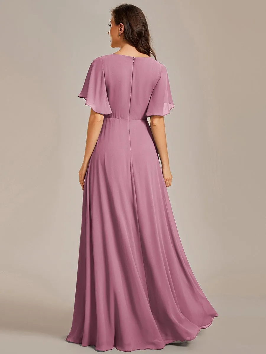 Ruffles Sleeve A-Line Chiffon Waist Applique Maxi Formal Evening Dress