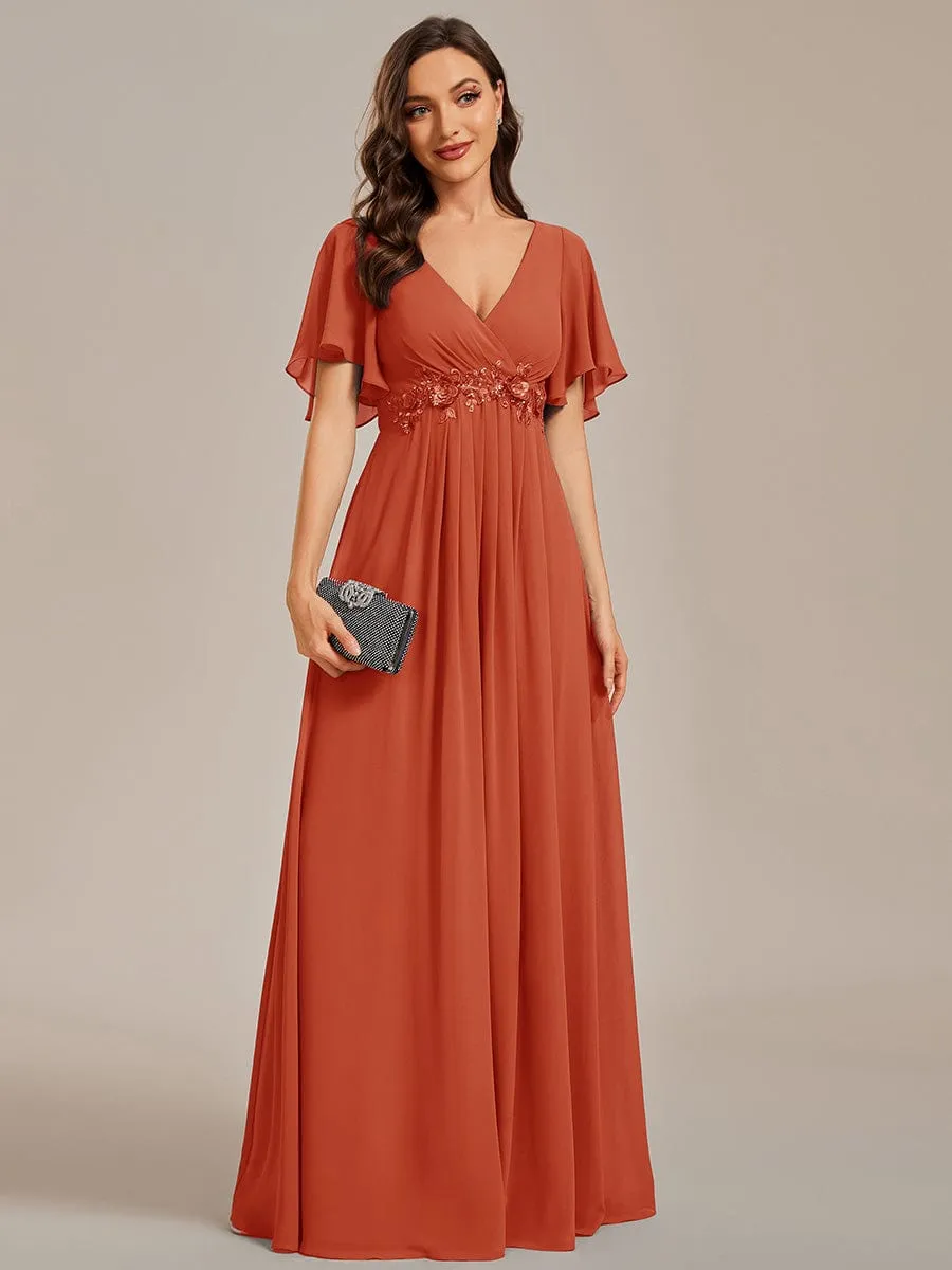 Ruffles Sleeve A-Line Chiffon Waist Applique Maxi Formal Evening Dress