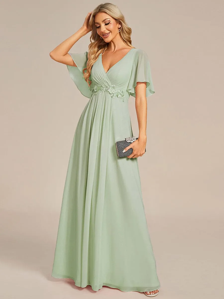 Ruffles Sleeve A-Line Chiffon Waist Applique Maxi Formal Evening Dress