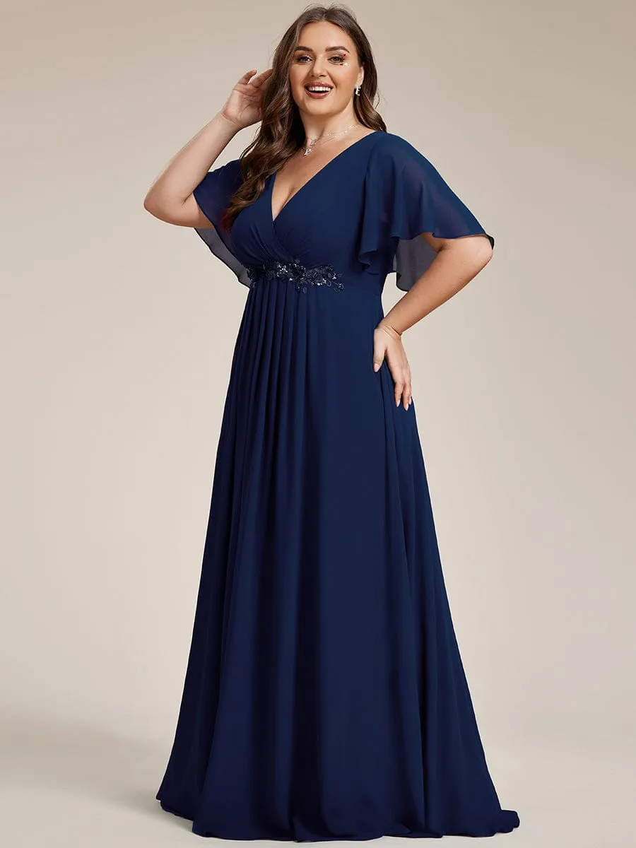 Ruffles Sleeve A-Line Chiffon Waist Applique Maxi Formal Evening Dress