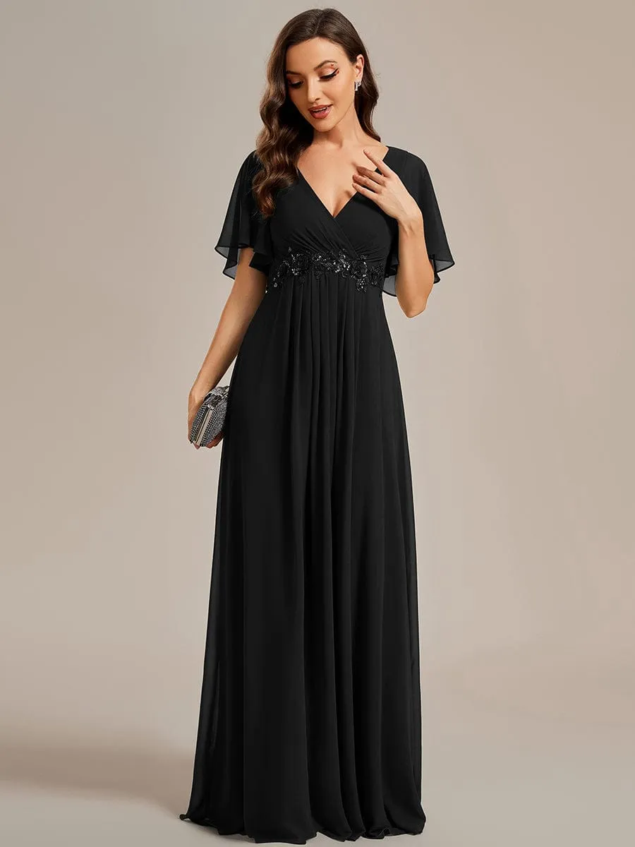 Ruffles Sleeve A-Line Chiffon Waist Applique Maxi Formal Evening Dress