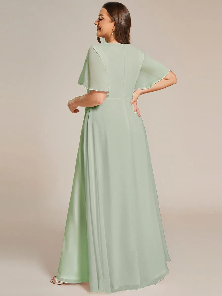 Ruffles Sleeve A-Line Chiffon Waist Applique Maxi Formal Evening Dress