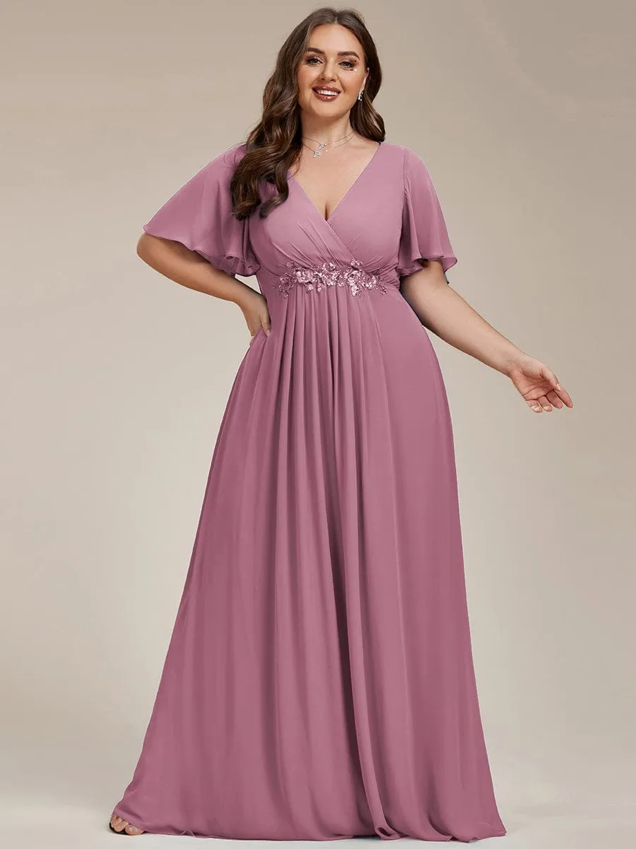 Ruffles Sleeve A-Line Chiffon Waist Applique Maxi Formal Evening Dress