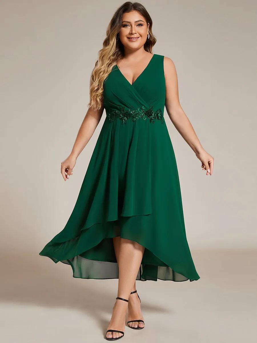 Sleeveless V-Neck High Low Plus Size Wedding Guest Dress with Floral Applique