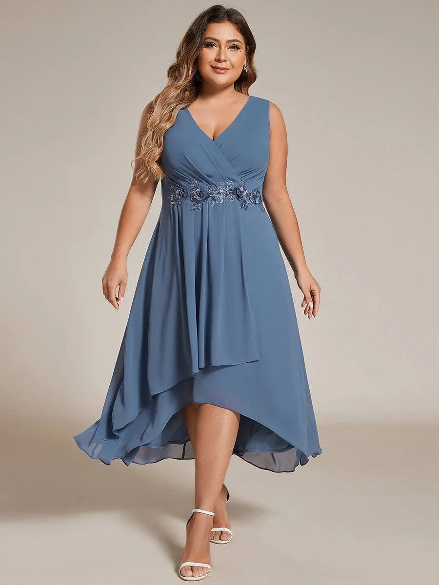 Sleeveless V-Neck High Low Plus Size Wedding Guest Dress with Floral Applique