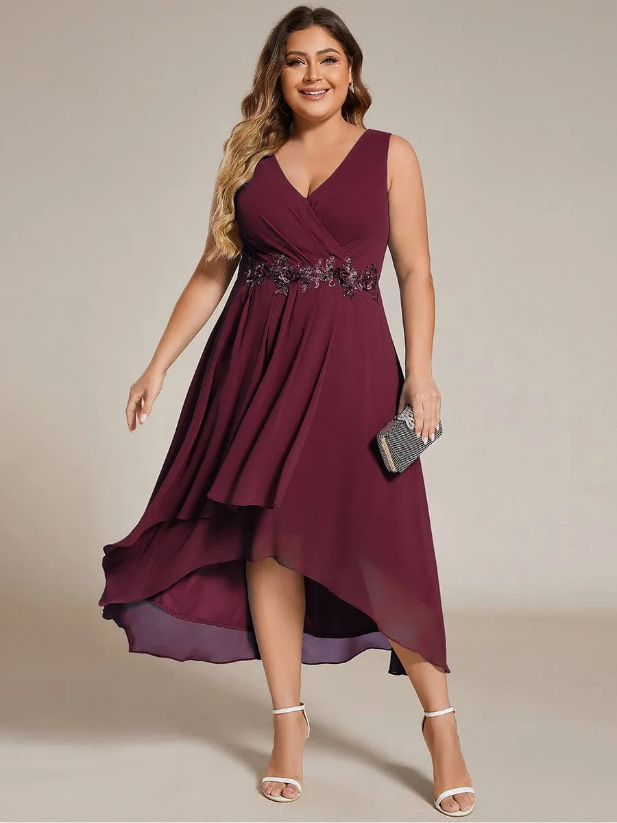 Sleeveless V-Neck High Low Plus Size Wedding Guest Dress with Floral Applique